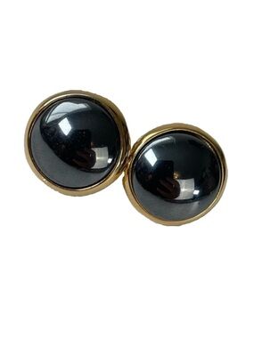 Black Stone Gold Tone Round Earrings